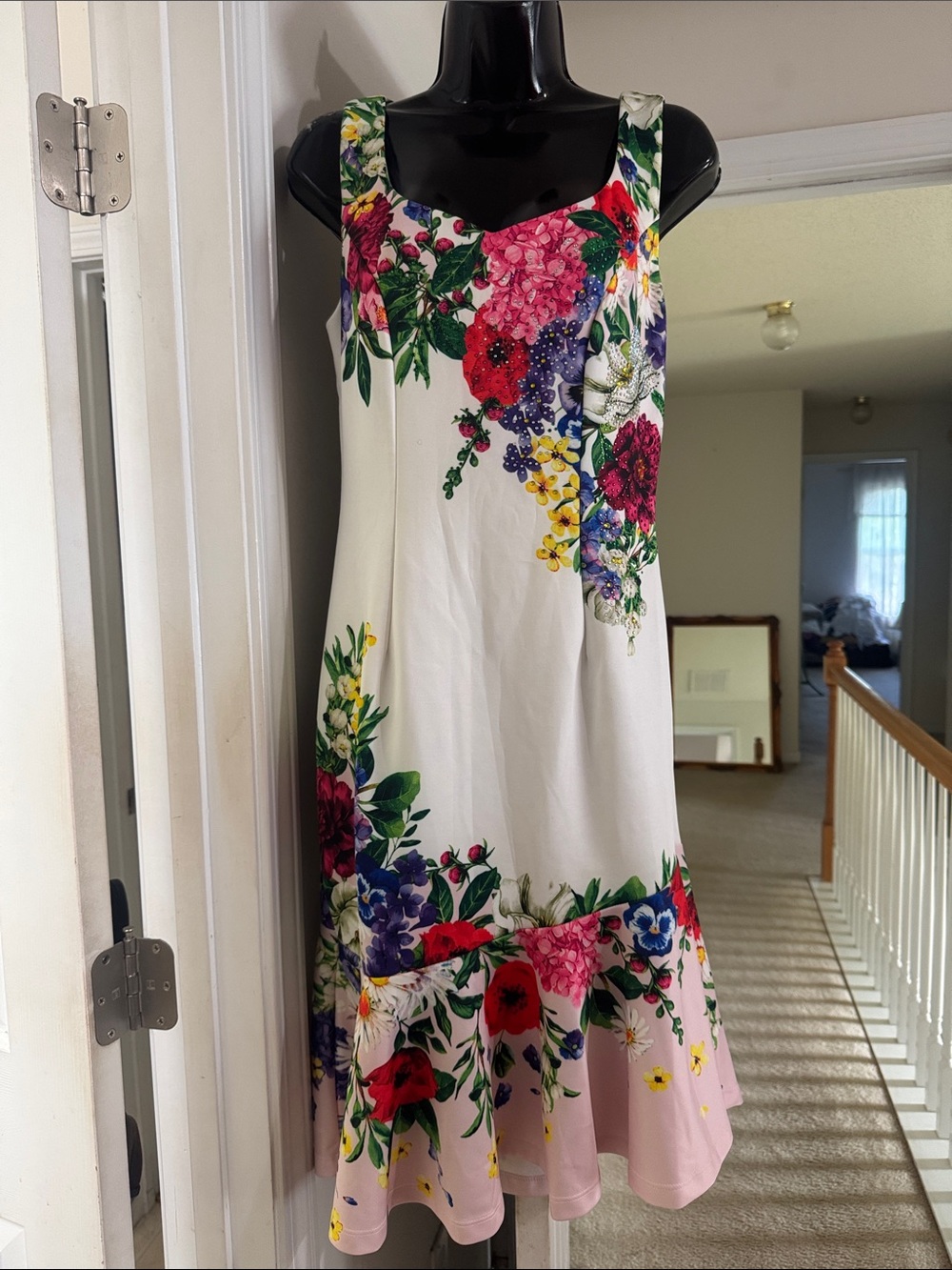 VENUS White Floral Midi Dress with Pink Hemline